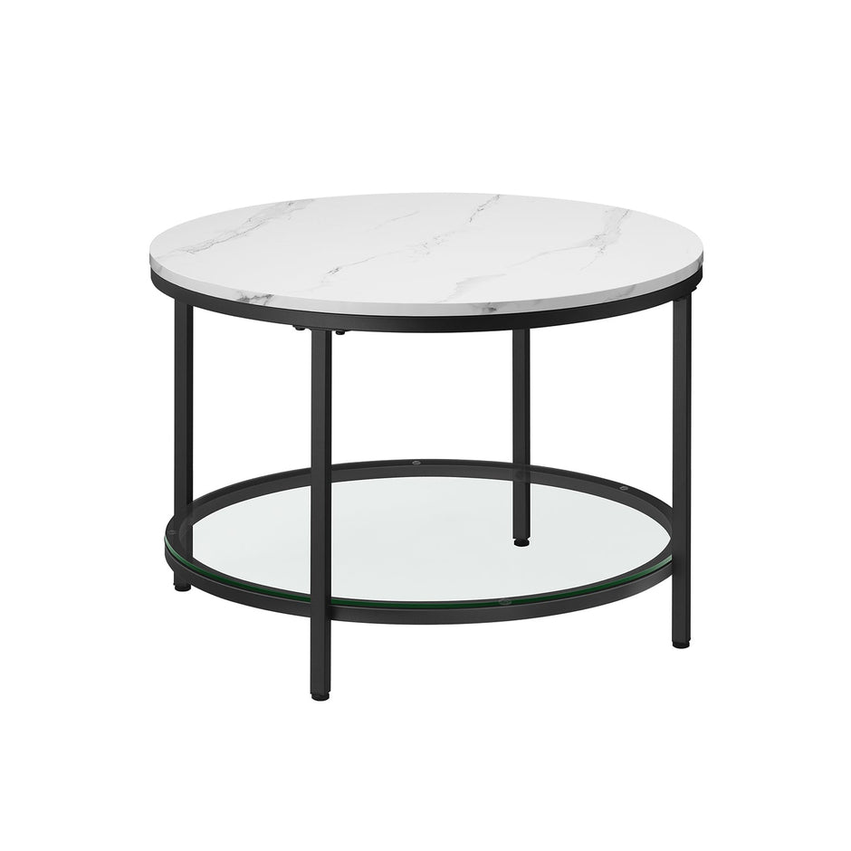 Round Coffee Table – Faux Marble and Tempered Glass – White and Ink Black – Modern Design with Storage Shelf