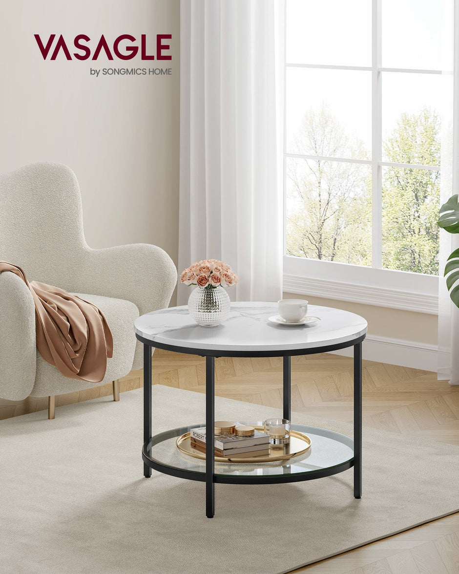 Round Coffee Table – Faux Marble and Tempered Glass – White and Ink Black – Modern Design with Storage Shelf