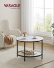 Round Coffee Table – Faux Marble and Tempered Glass – White and Ink Black – Modern Design with Storage Shelf
