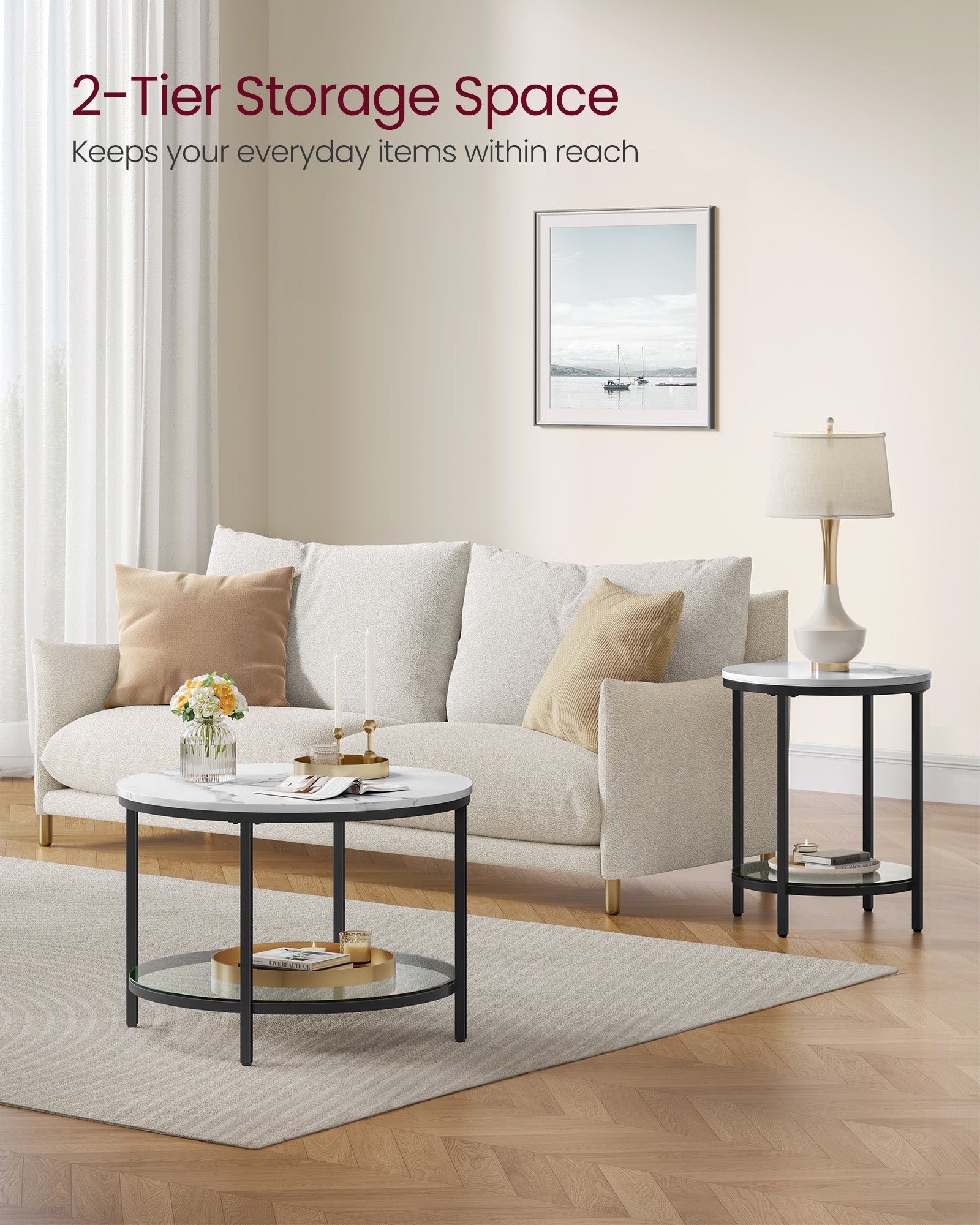 Round Coffee Table – Faux Marble and Tempered Glass – White and Ink Black – Modern Design with Storage Shelf
