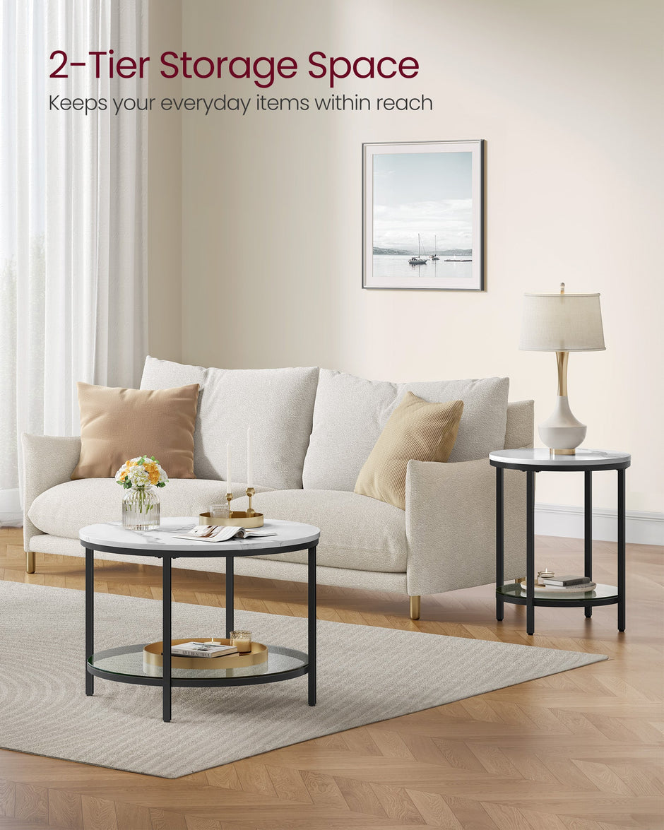 Round Coffee Table – Faux Marble and Tempered Glass – White and Ink Black – Modern Design with Storage Shelf
