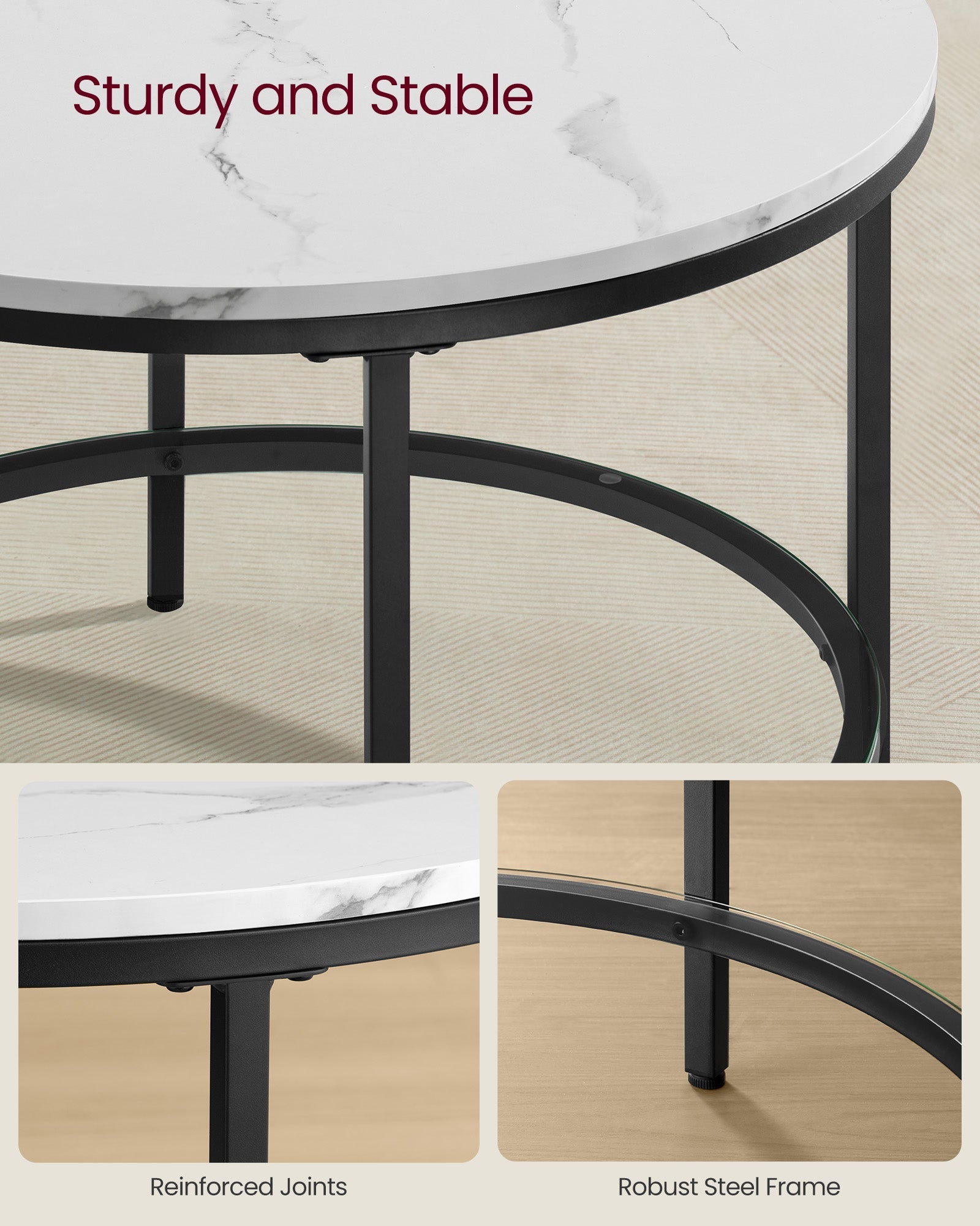 Round Coffee Table – Faux Marble and Tempered Glass – White and Ink Black – Modern Design with Storage Shelf