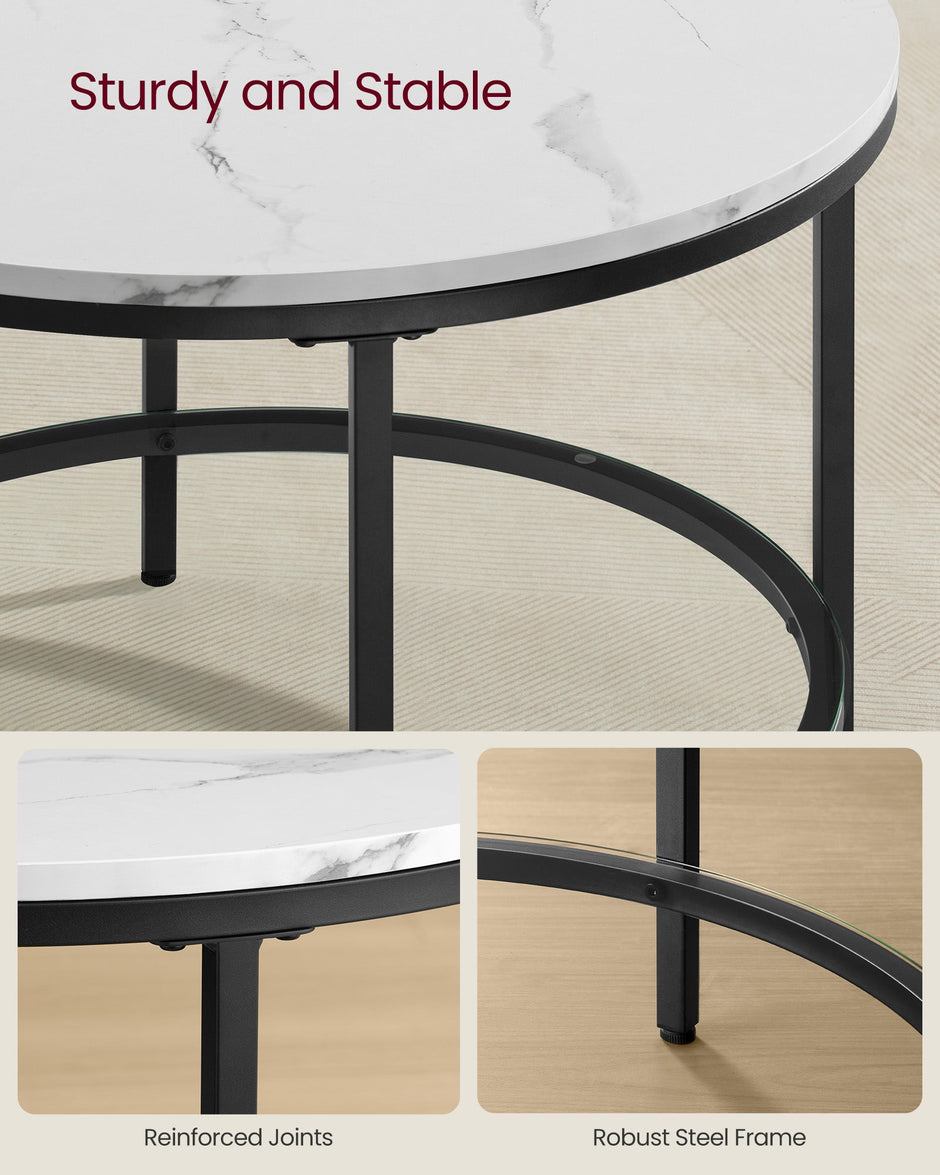 Round Coffee Table – Faux Marble and Tempered Glass – White and Ink Black – Modern Design with Storage Shelf