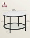 Round Coffee Table – Faux Marble and Tempered Glass – White and Ink Black – Modern Design with Storage Shelf