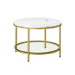 Round Coffee Table – Faux Marble and Tempered Glass – White and Pale Gold – Modern Design with Storage Shelf