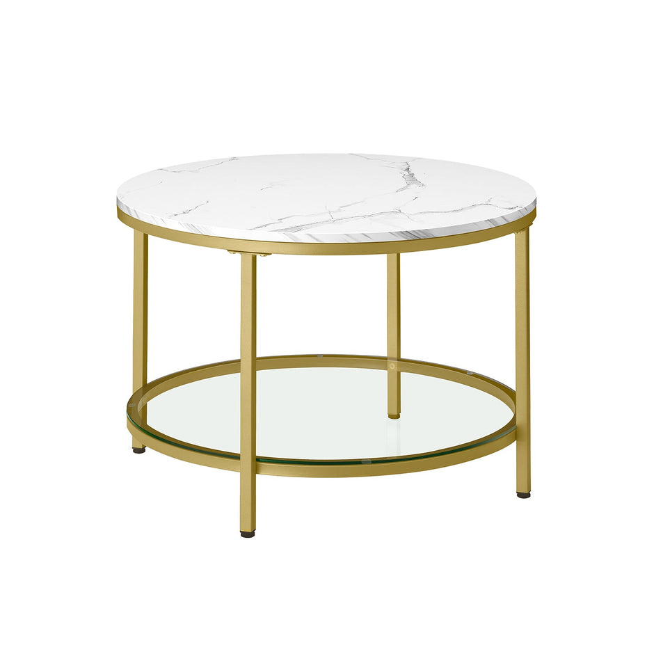 Round Coffee Table – Faux Marble and Tempered Glass – Black – Modern Design with Storage Shelf
