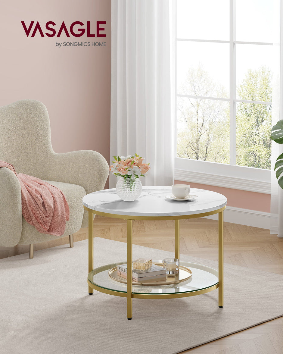 Round Coffee Table – Faux Marble and Tempered Glass – White and Pale Gold – Modern Design with Storage Shelf