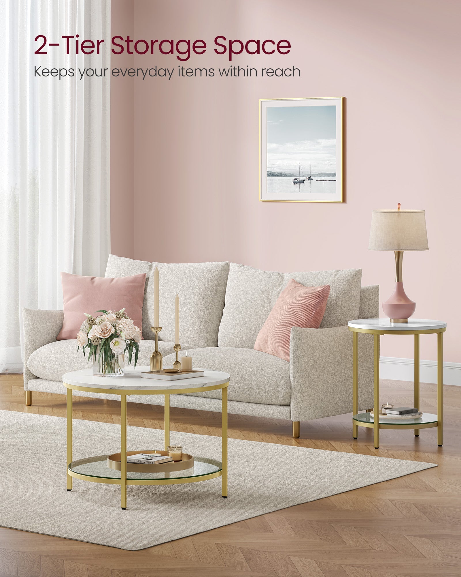 Round Coffee Table – Faux Marble and Tempered Glass – White and Pale Gold – Modern Design with Storage Shelf