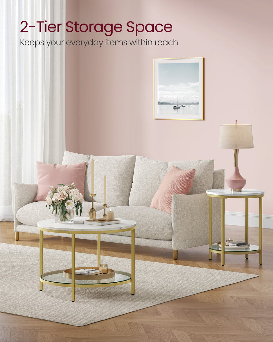 Round Coffee Table – Faux Marble and Tempered Glass – White and Pale Gold – Modern Design with Storage Shelf