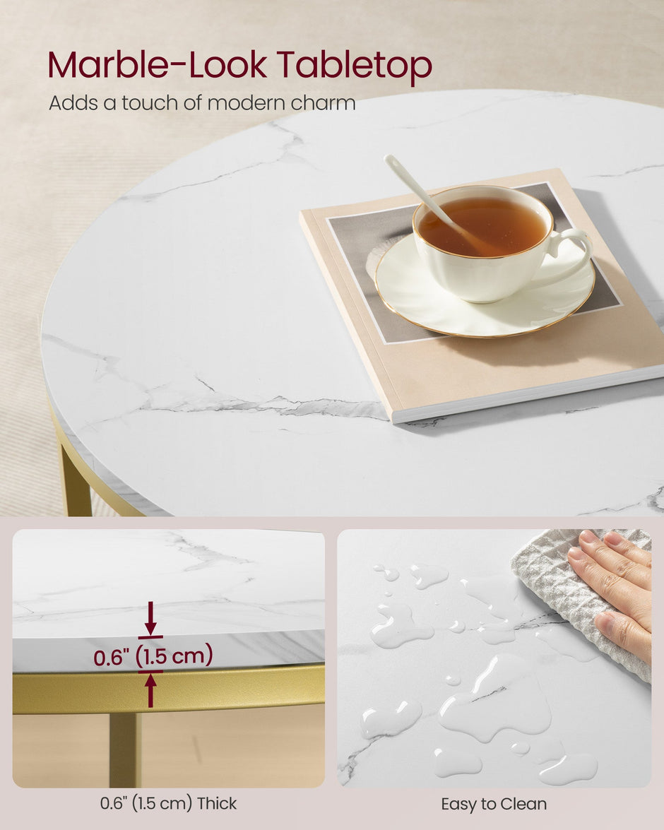 Round Coffee Table – Faux Marble and Tempered Glass – White and Pale Gold – Modern Design with Storage Shelf