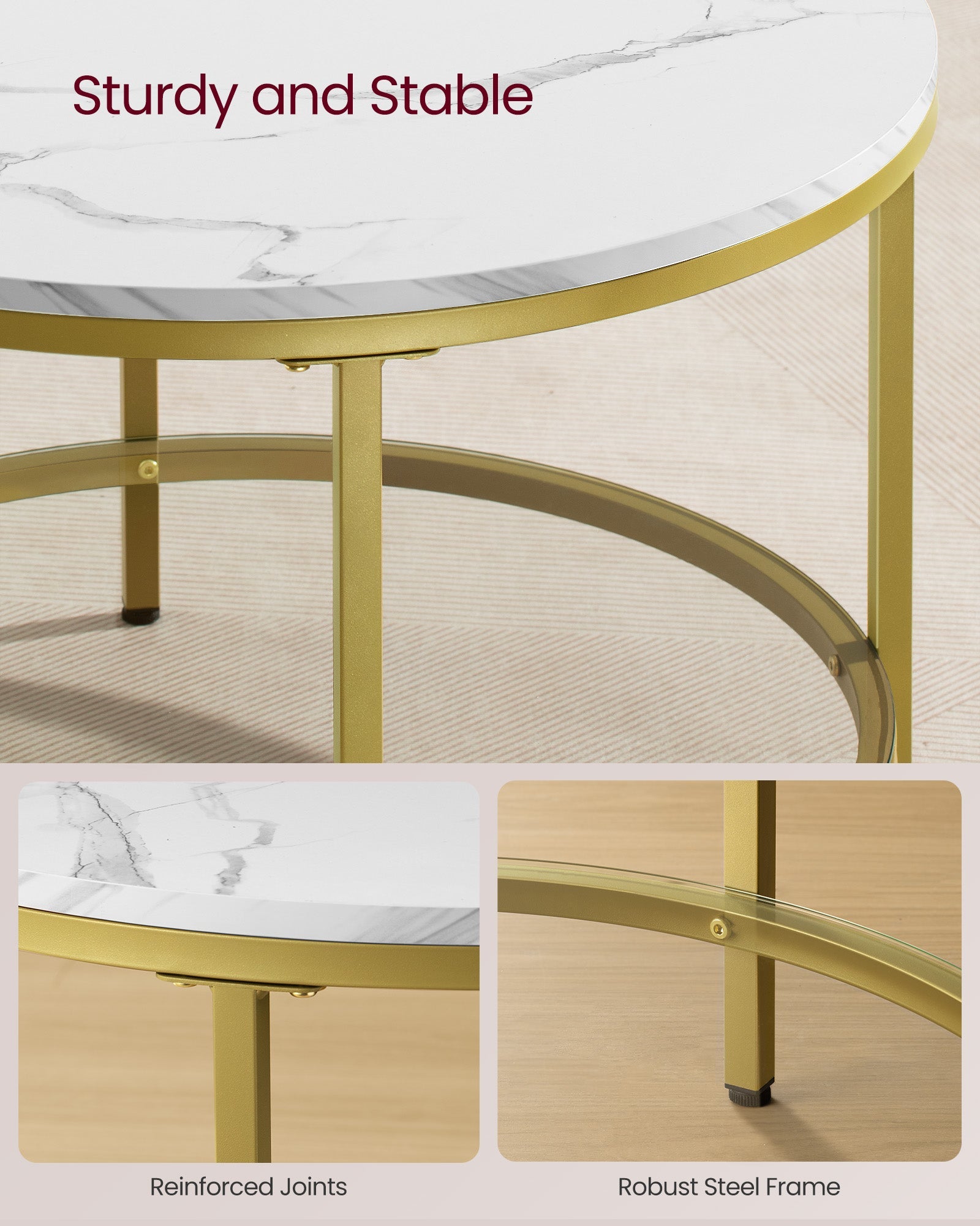 Round Coffee Table – Faux Marble and Tempered Glass – White and Pale Gold – Modern Design with Storage Shelf