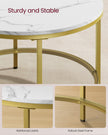 Round Coffee Table – Faux Marble and Tempered Glass – White and Pale Gold – Modern Design with Storage Shelf