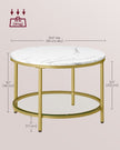 Round Coffee Table – Faux Marble and Tempered Glass – White and Pale Gold – Modern Design with Storage Shelf