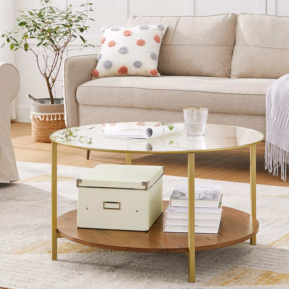 Round Coffee Table – Tempered Glass and Wood – Hazelnut Brown and Gold – 2-Tier Design