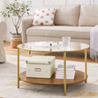 Round Coffee Table – Tempered Glass and Wood – Hazelnut Brown and Gold – 2-Tier Design