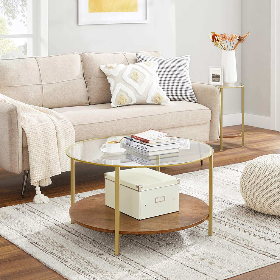 Round Coffee Table – Tempered Glass and Wood – Hazelnut Brown and Gold – 2-Tier Design