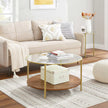 Round Coffee Table – Tempered Glass and Wood – Hazelnut Brown and Gold – 2-Tier Design