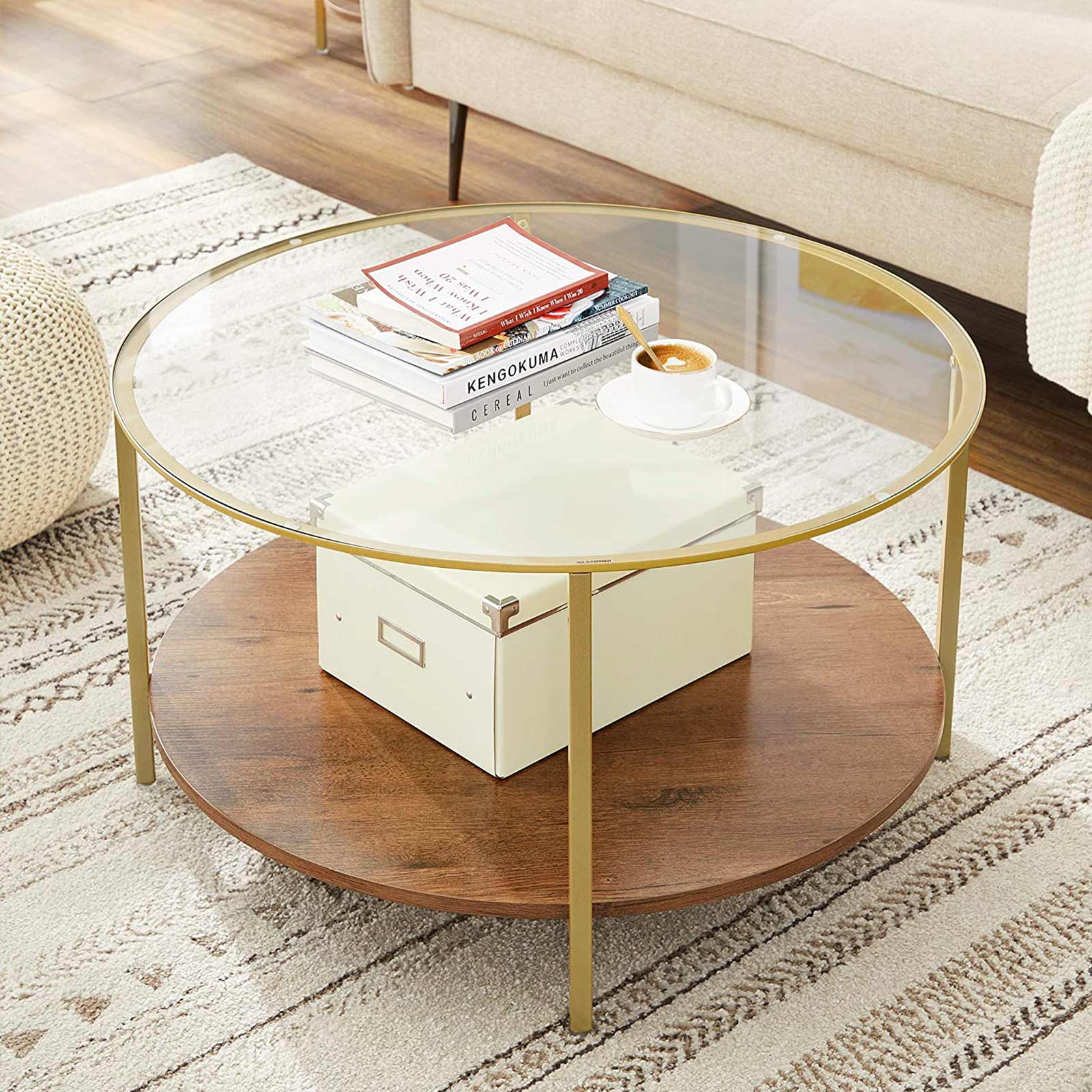 Round Coffee Table – Tempered Glass and Wood – Hazelnut Brown and Gold – 2-Tier Design