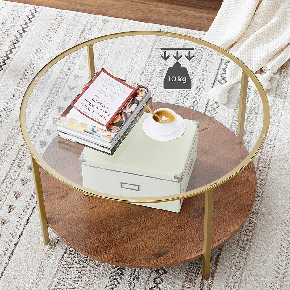 Round Coffee Table – Tempered Glass and Wood – Hazelnut Brown and Gold – 2-Tier Design