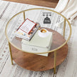 Round Coffee Table – Tempered Glass and Wood – Hazelnut Brown and Gold – 2-Tier Design