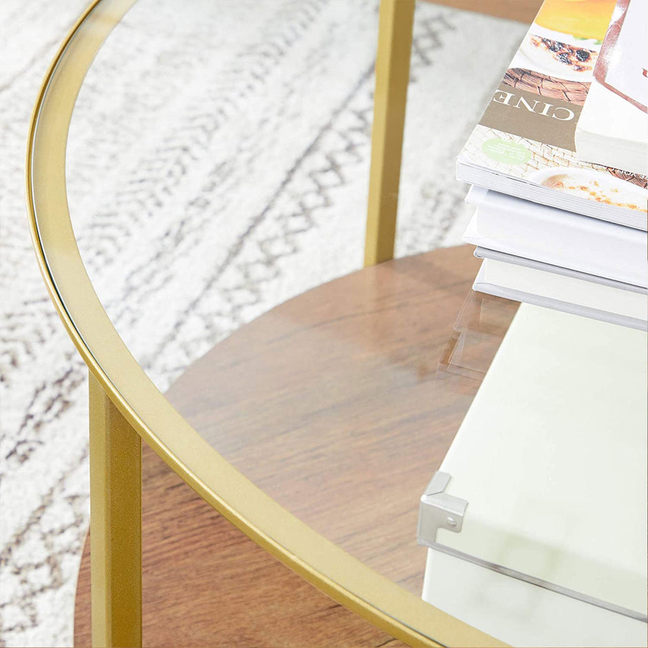 Round Coffee Table – Tempered Glass and Wood – Hazelnut Brown and Gold – 2-Tier Design