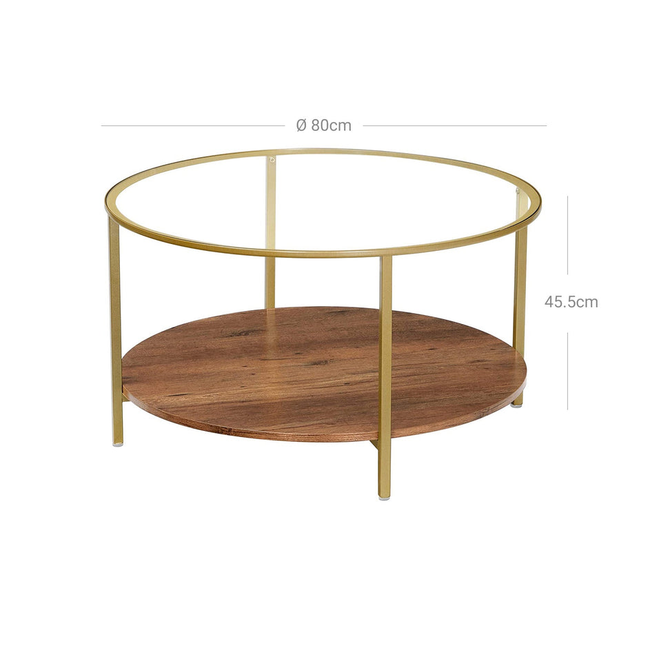 Round Coffee Table – Tempered Glass and Wood – Hazelnut Brown and Gold – 2-Tier Design