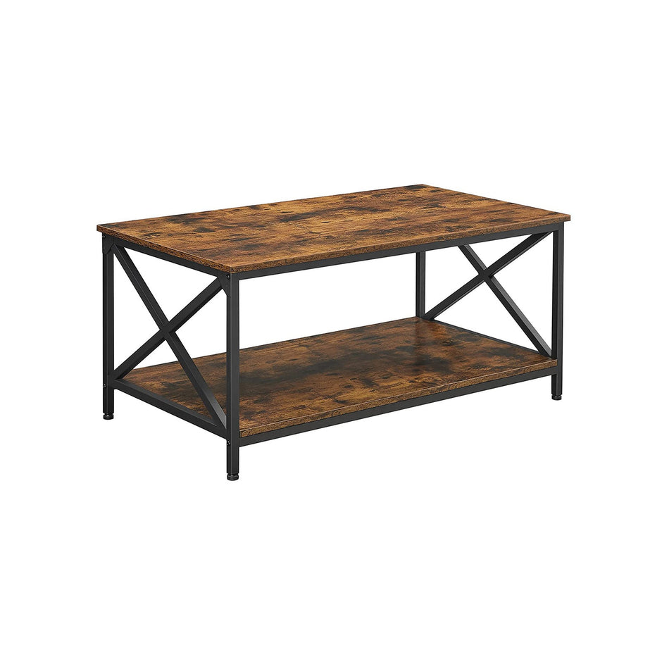 Coffee Table – Engineered Wood and Steel – Rustic Brown and Black – X-Shape Frame with Storage Shelf
