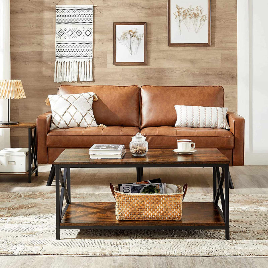 Coffee Table – Engineered Wood and Steel – Rustic Brown and Black – X-Shape Frame with Storage Shelf