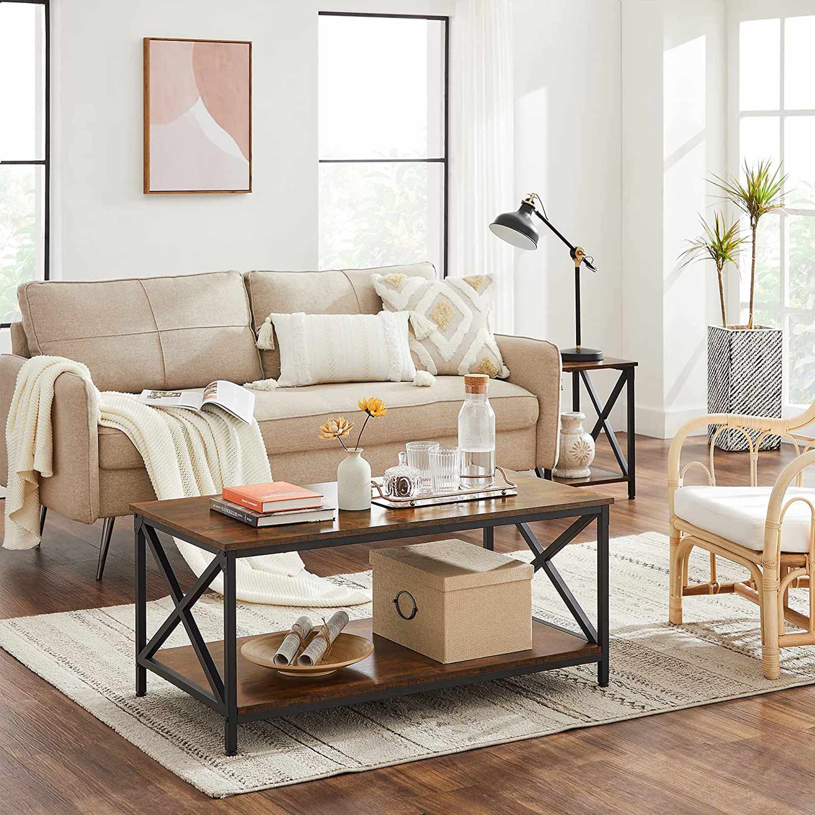 Coffee Table – Engineered Wood and Steel – Rustic Brown and Black – X-Shape Frame with Storage Shelf