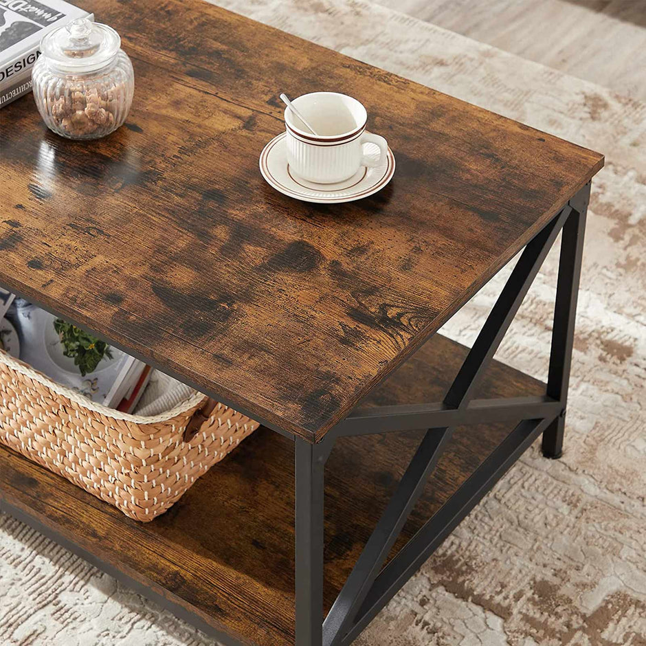 Coffee Table – Engineered Wood and Steel – Rustic Brown and Black – X-Shape Frame with Storage Shelf