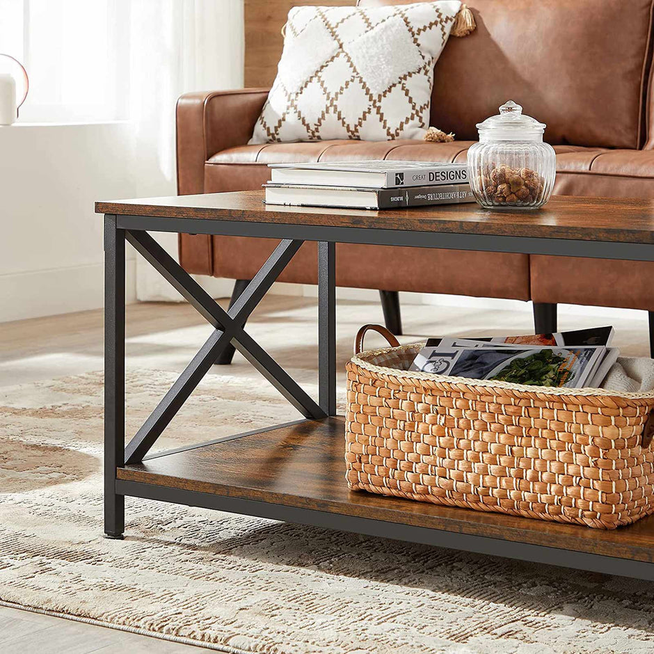 Coffee Table – Engineered Wood and Steel – Rustic Brown and Black – X-Shape Frame with Storage Shelf