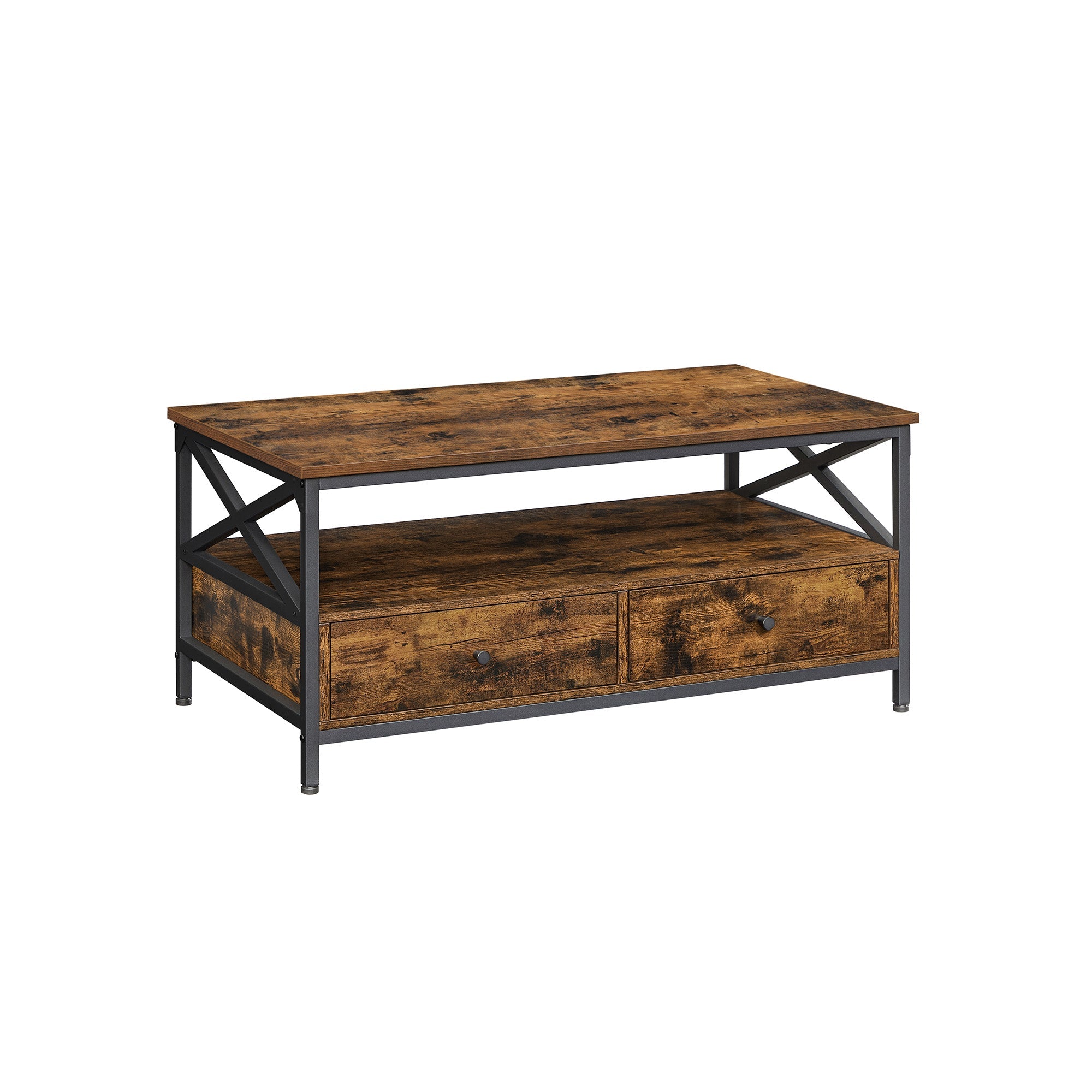 Coffee Table – Wood and Steel – Rustic Brown and Black – Industrial Style with Drawers and Open Storage Shelf