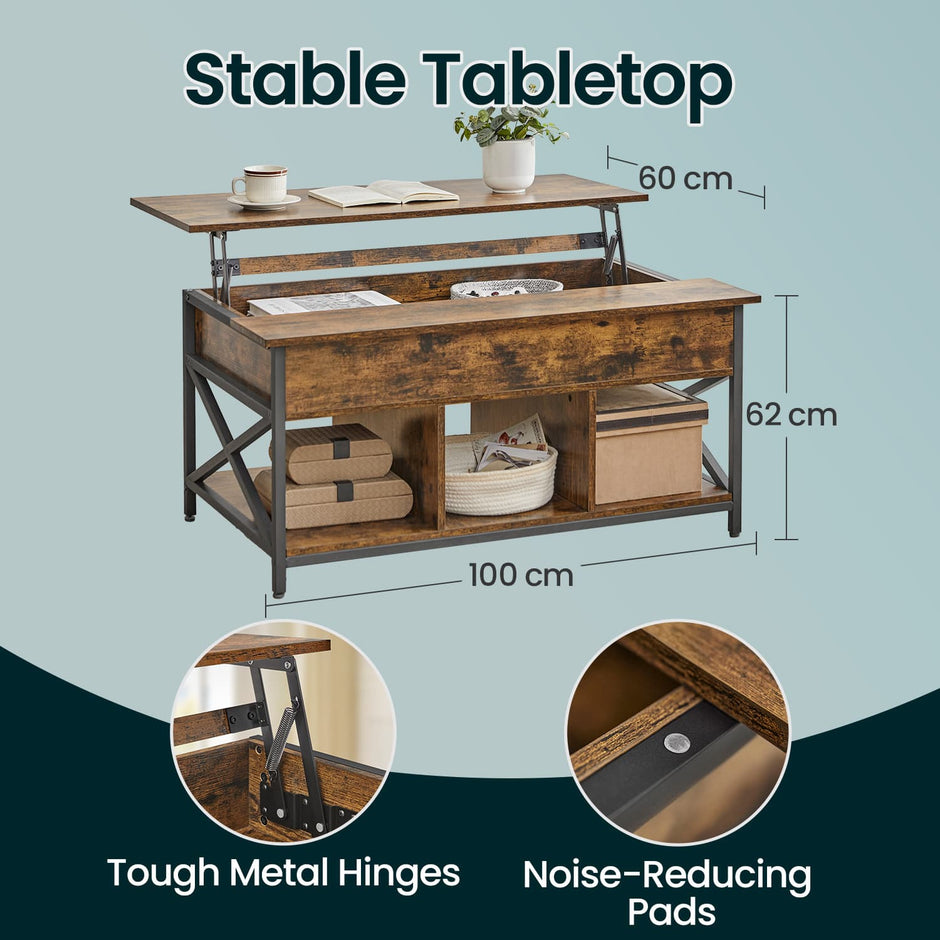 Lift-Top Coffee Table – Wood – Brown and Black – Open and Hidden Storage with X-Shaped Bars