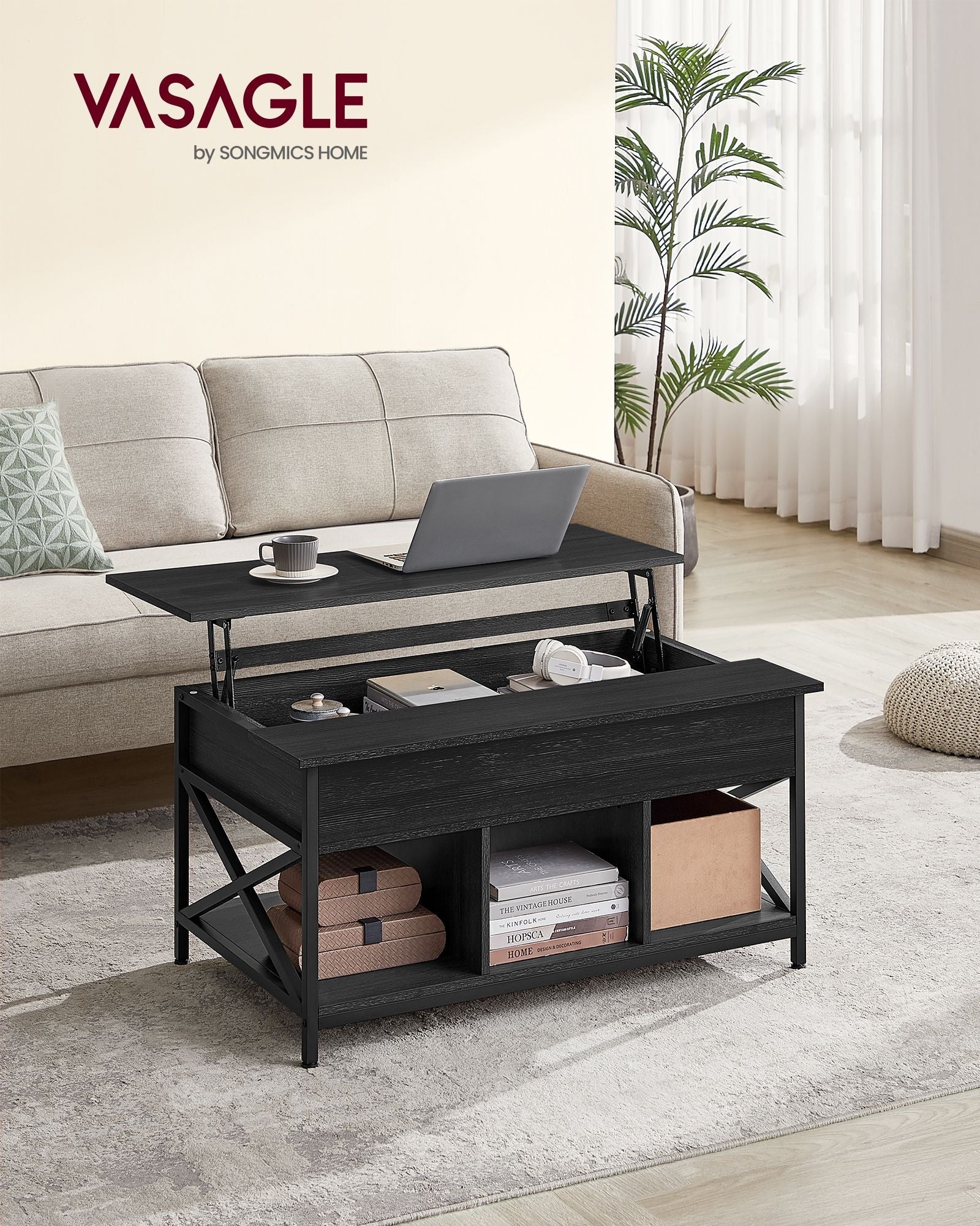 Lift-Top Coffee Table – MDF and Metal – Charcoal Gray and Black – Open and Hidden Storage