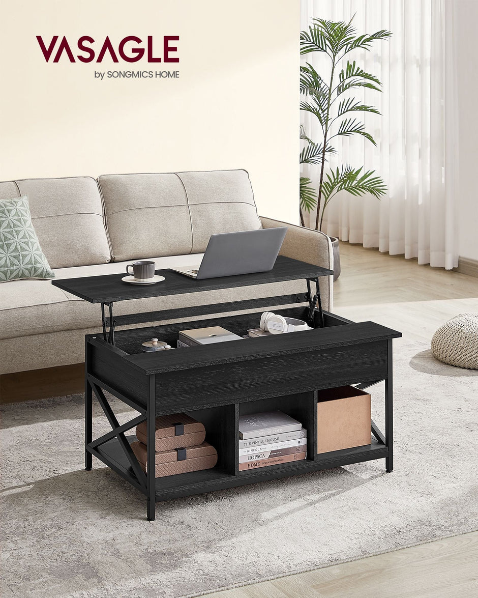 Lift-Top Coffee Table – MDF and Metal – Charcoal Gray and Black – Open and Hidden Storage
