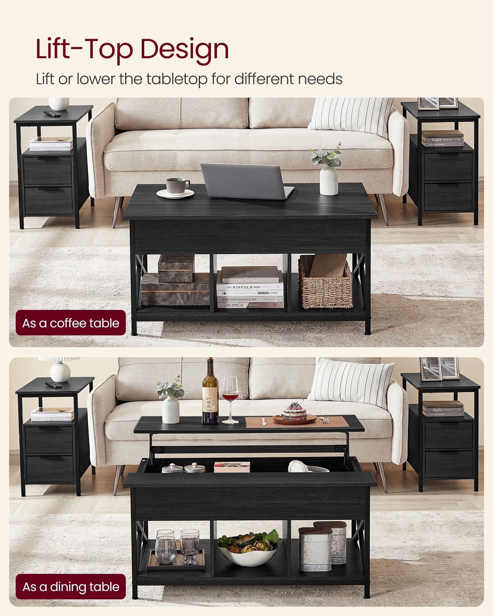 Lift-Top Coffee Table – MDF and Metal – Charcoal Gray and Black – Open and Hidden Storage