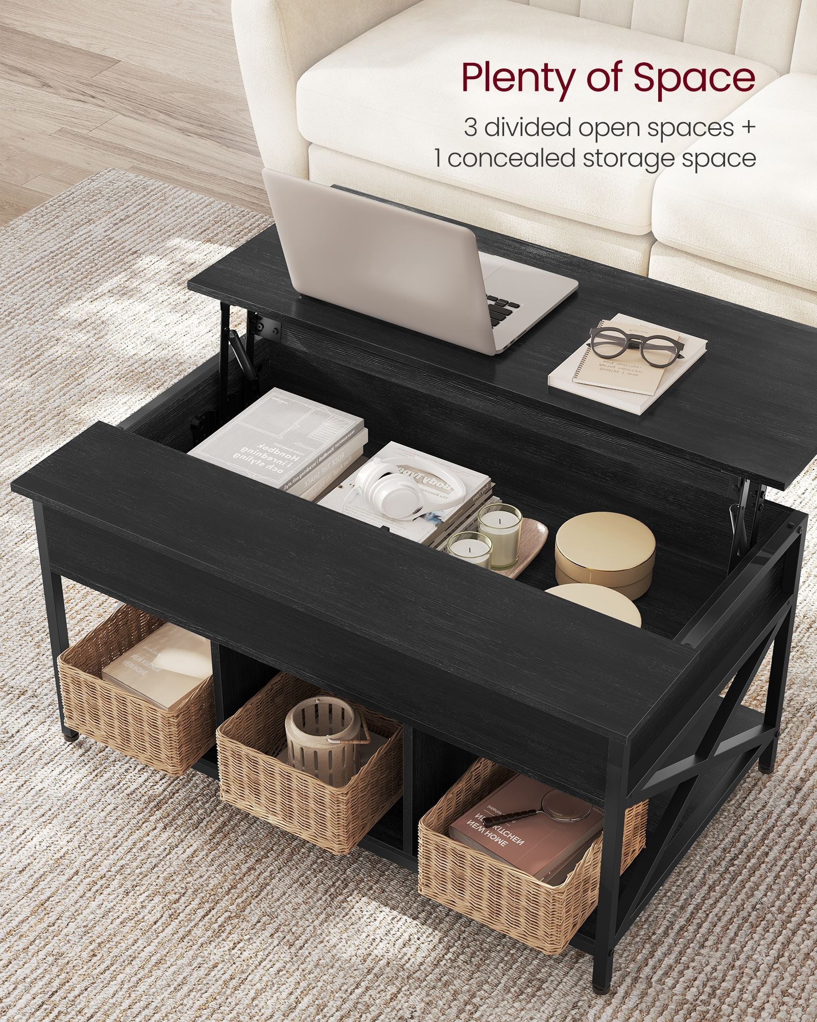 Lift-Top Coffee Table – MDF and Metal – Charcoal Gray and Black – Open and Hidden Storage