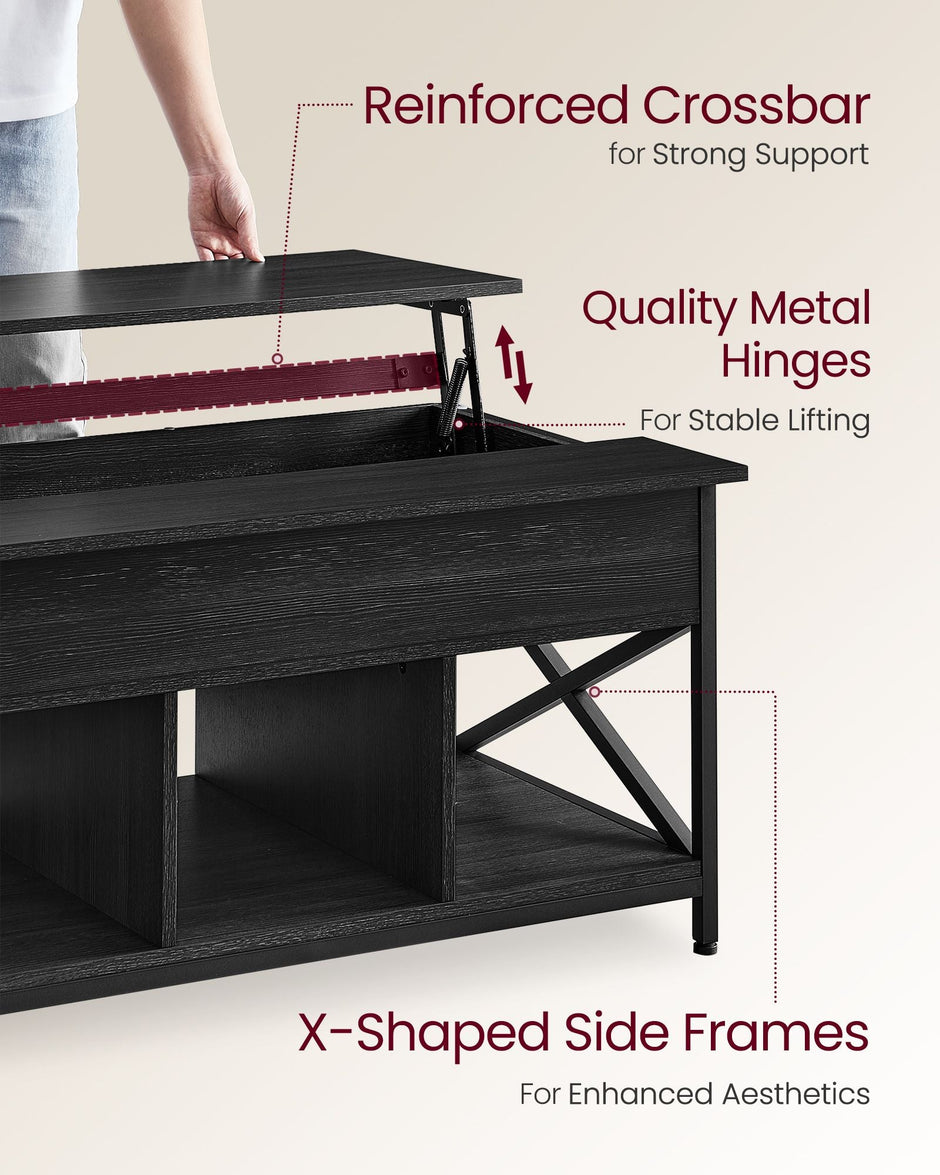 Lift-Top Coffee Table – MDF and Metal – Charcoal Gray and Black – Open and Hidden Storage