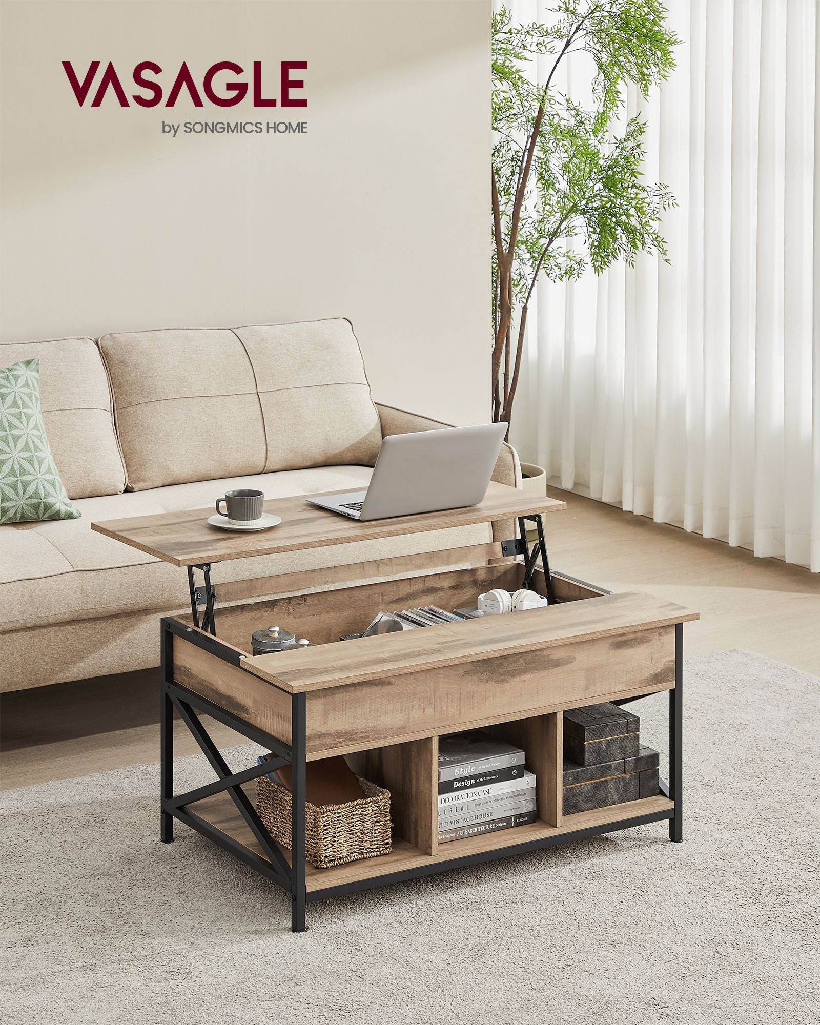 Lift-Top Coffee Table – Wood – Natural Finish – Open and Hidden Storage with X-Shaped Design