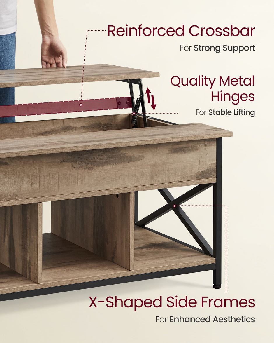 Lift-Top Coffee Table – Wood – Natural Finish – Open and Hidden Storage with X-Shaped Design