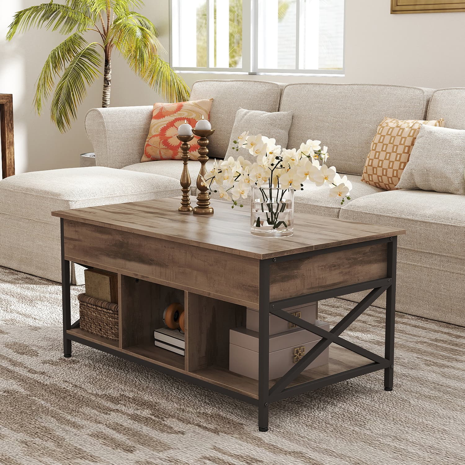 Lift-Top Coffee Table – Wood – White – Open and Hidden Storage with X-Shaped Bars