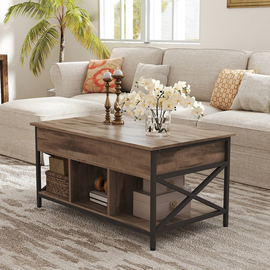 Lift-Top Coffee Table – Wood – White – Open and Hidden Storage with X-Shaped Bars