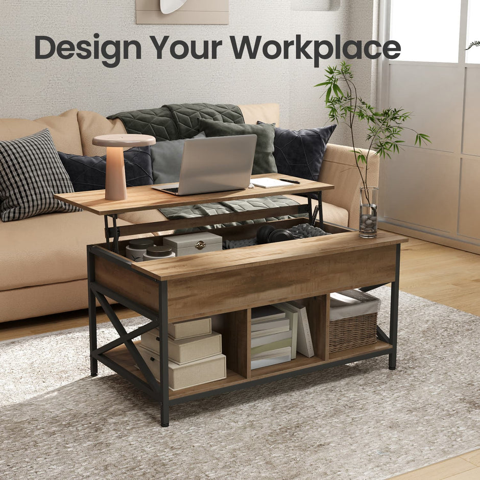 Lift-Top Coffee Table – Wood – White – Open and Hidden Storage with X-Shaped Bars