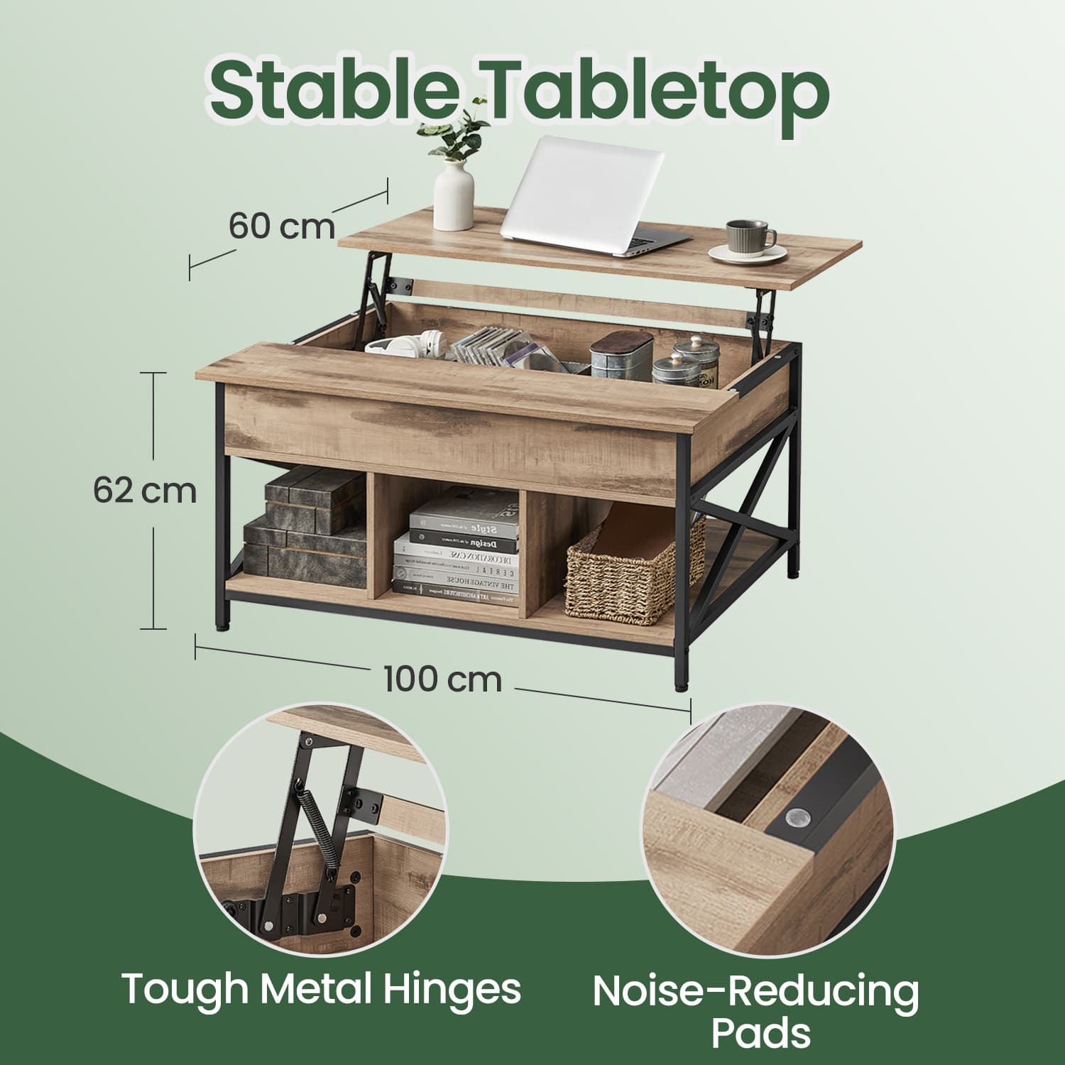 Lift-Top Coffee Table – Wood – White – Open and Hidden Storage with X-Shaped Bars