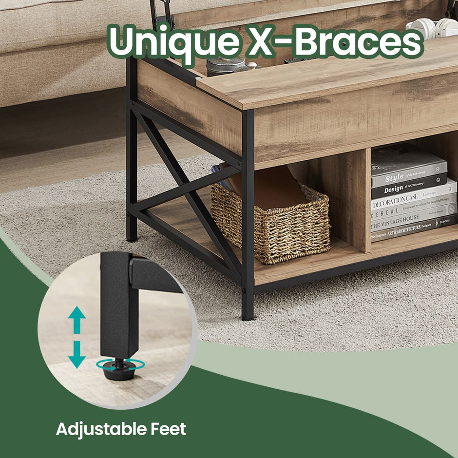 Lift-Top Coffee Table – Wood – White – Open and Hidden Storage with X-Shaped Bars