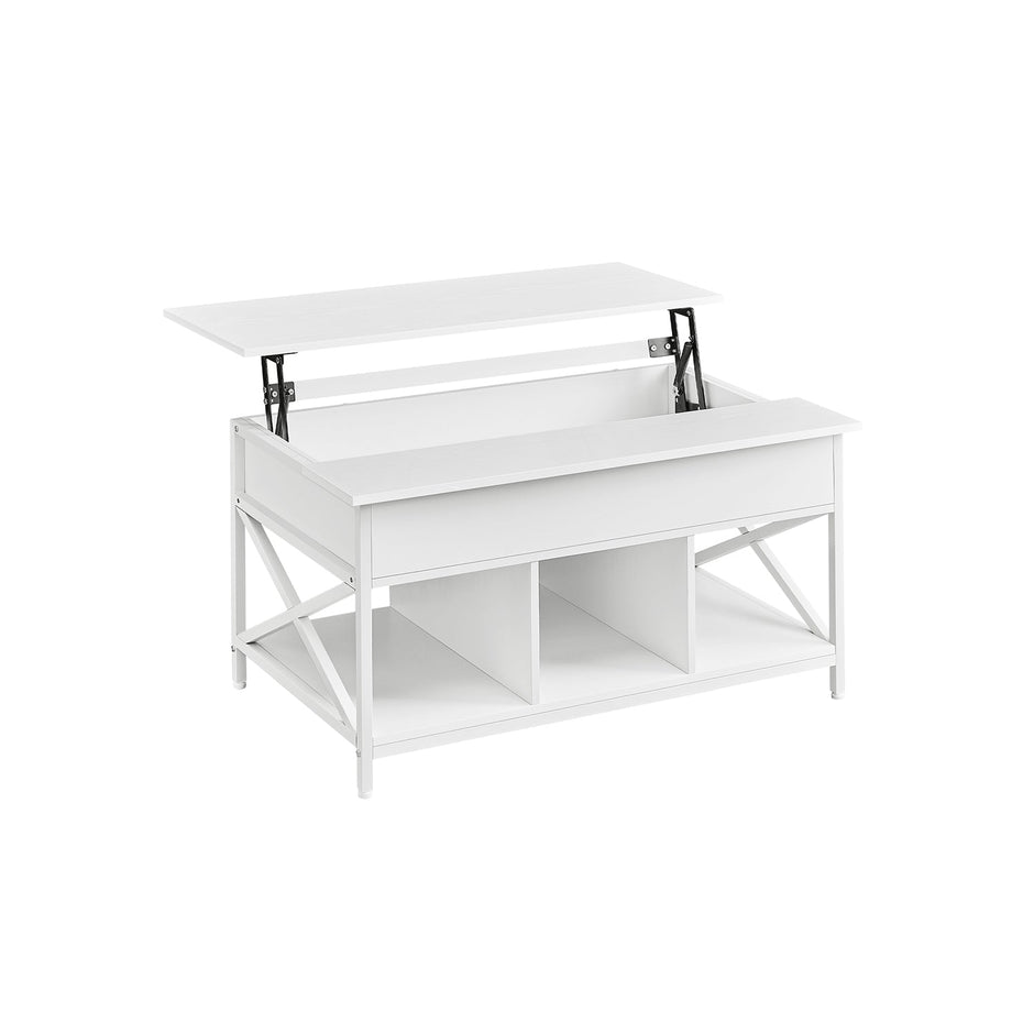 Lift-Top Coffee Table – Wood – Brown – Open and Hidden Storage with X-Shaped Bars