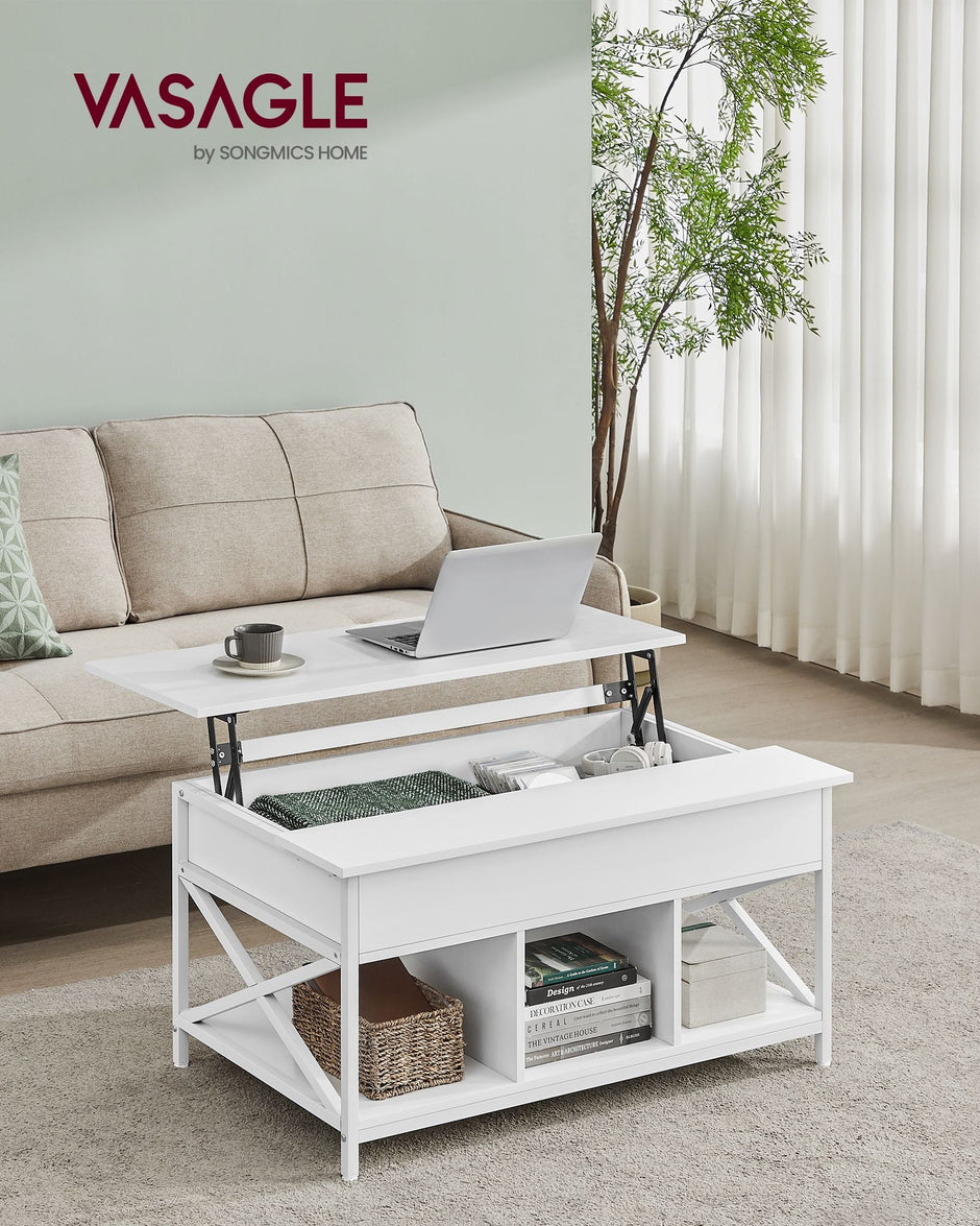 Lift-Top Coffee Table – Wood – Brown – Open and Hidden Storage with X-Shaped Bars