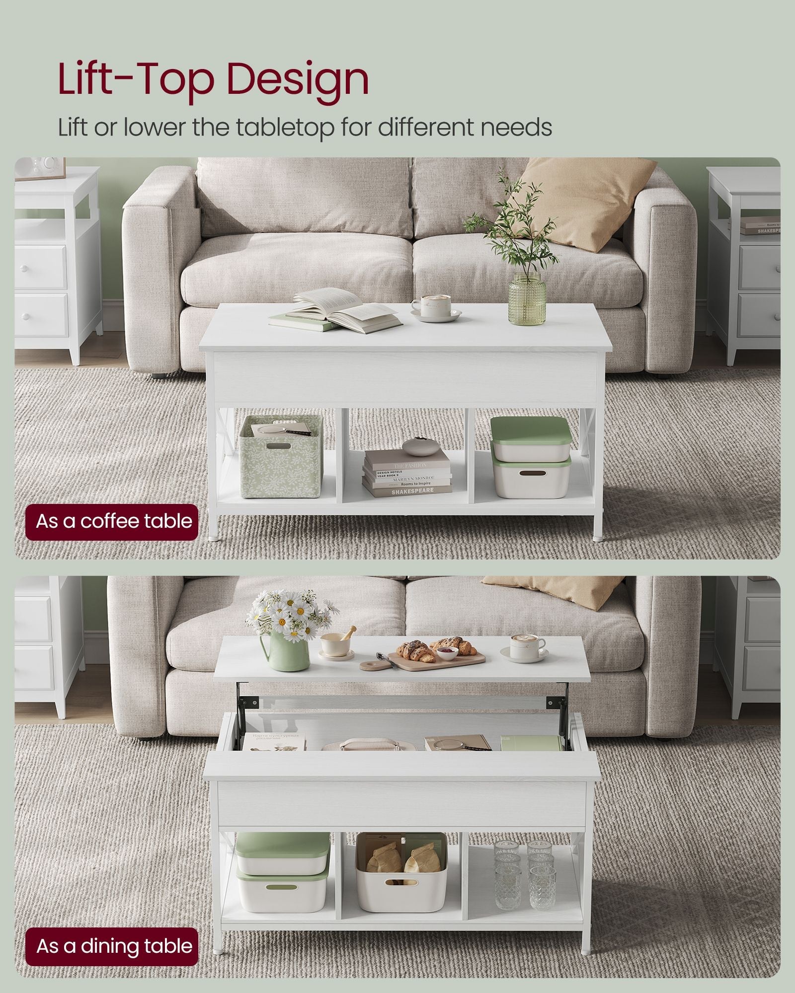 Lift-Top Coffee Table – Wood – Brown – Open and Hidden Storage with X-Shaped Bars