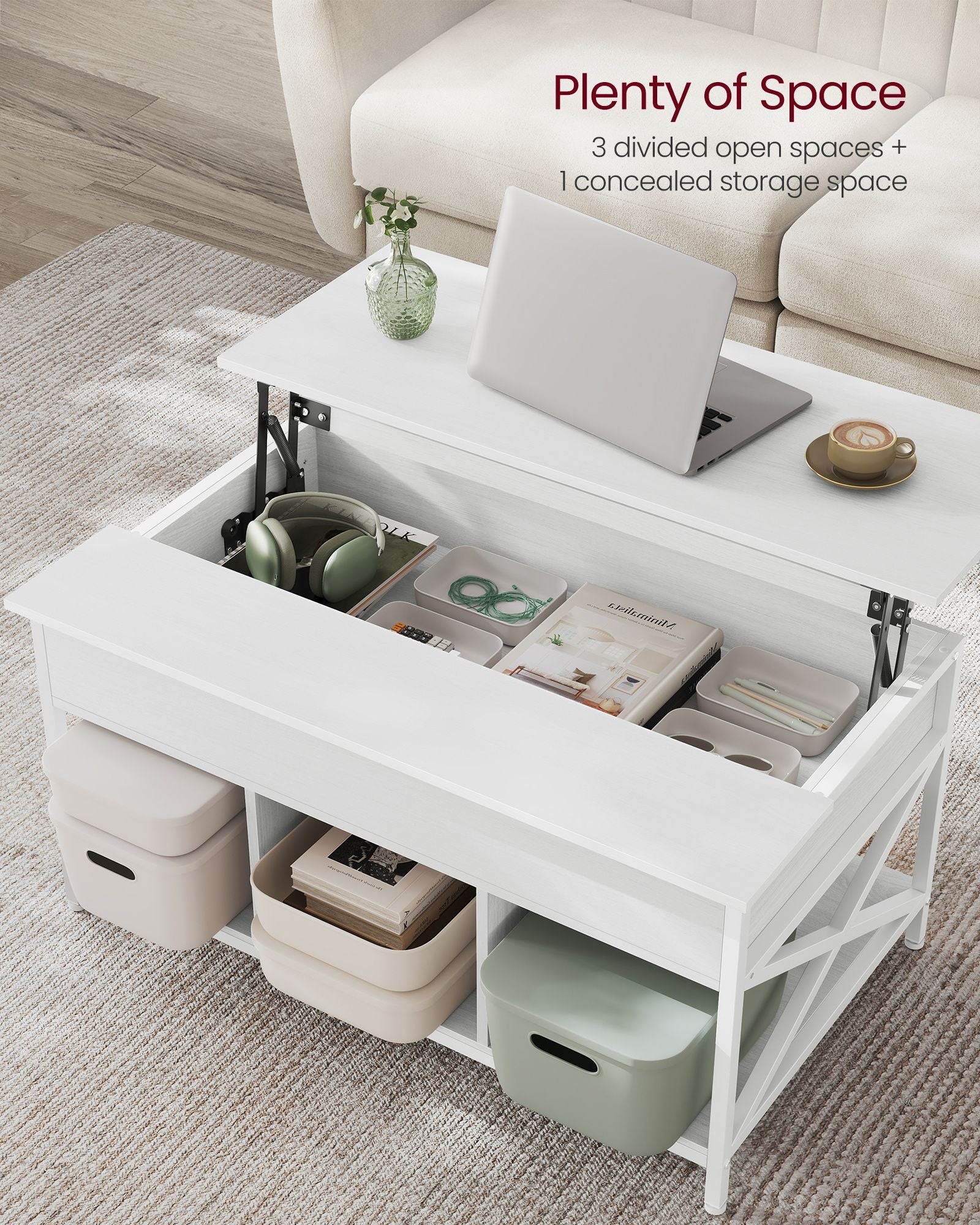 Lift-Top Coffee Table – Wood – Brown – Open and Hidden Storage with X-Shaped Bars