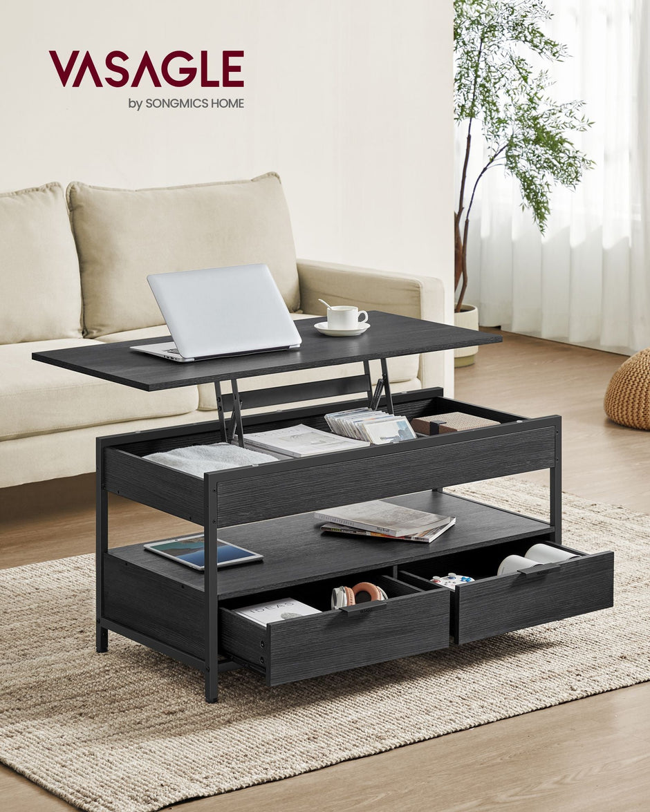 Lift Top Coffee Table – Engineered Wood – Charcoal Grey and Ink Black – With Storage Drawers and Hidden Compartments
